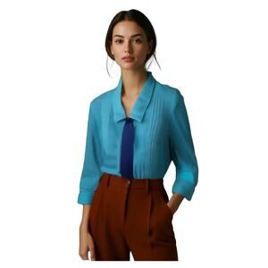 Chaus Vintage Teal Green Pleated Bow Button-up Blouse Womens 12